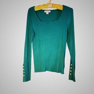 Liz Claiborne Women Teal Green Ribbed Knit Square Neck Rhinestone Button Sweater